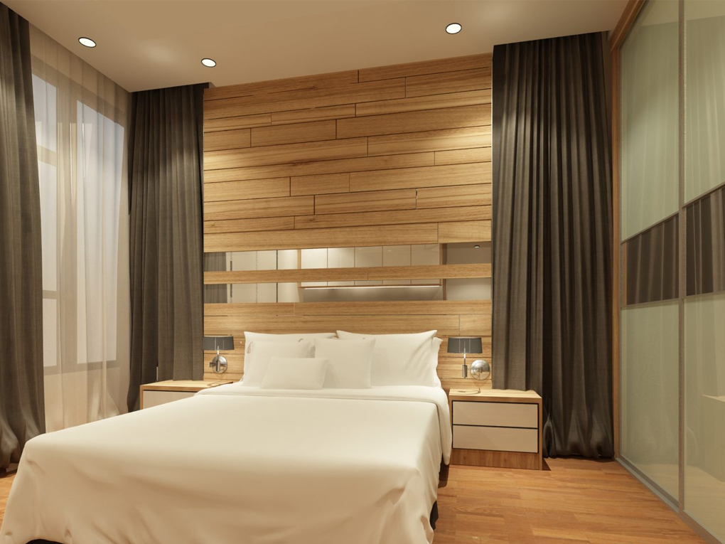 phòng ngủ kết hợp gương và gỗ