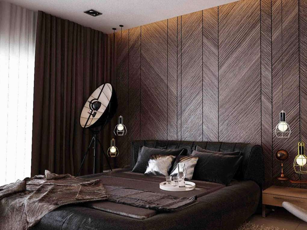 thiết kế phòng ngủ vợ chồng với Tường gỗ xương cá