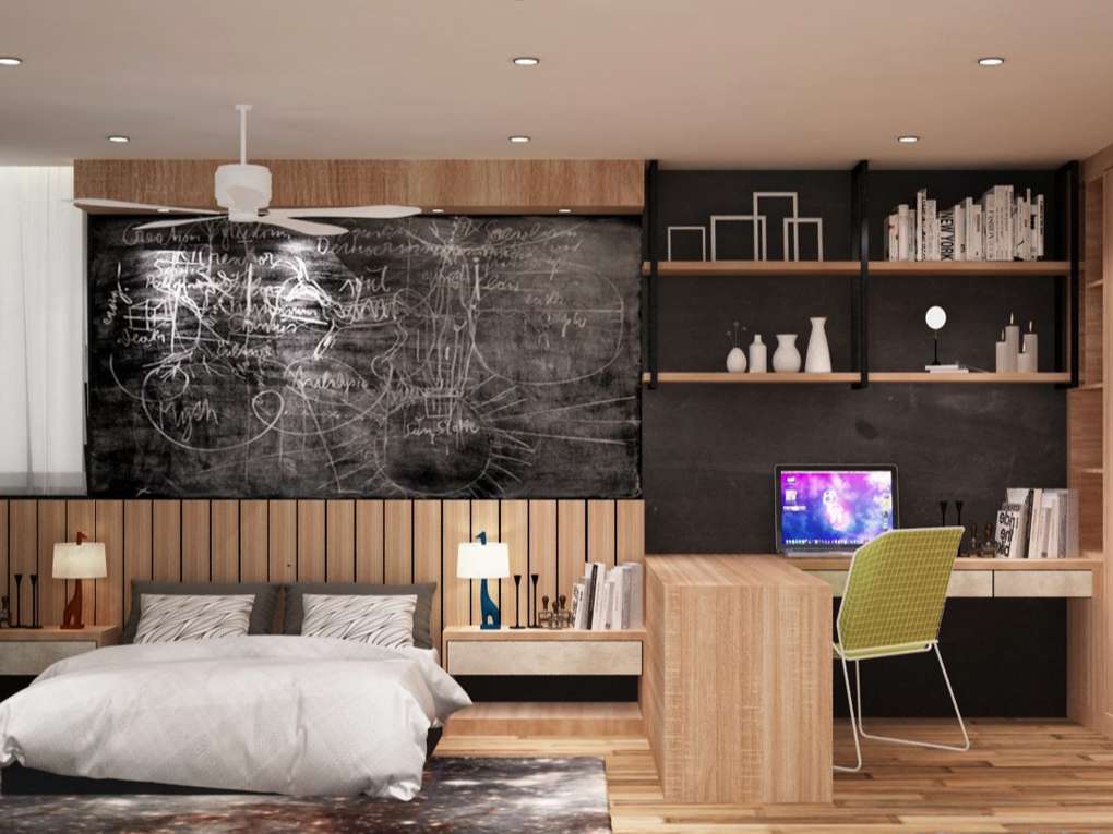 thiết kế phòng ngủ vợ chồng với gỗ anh đào thô